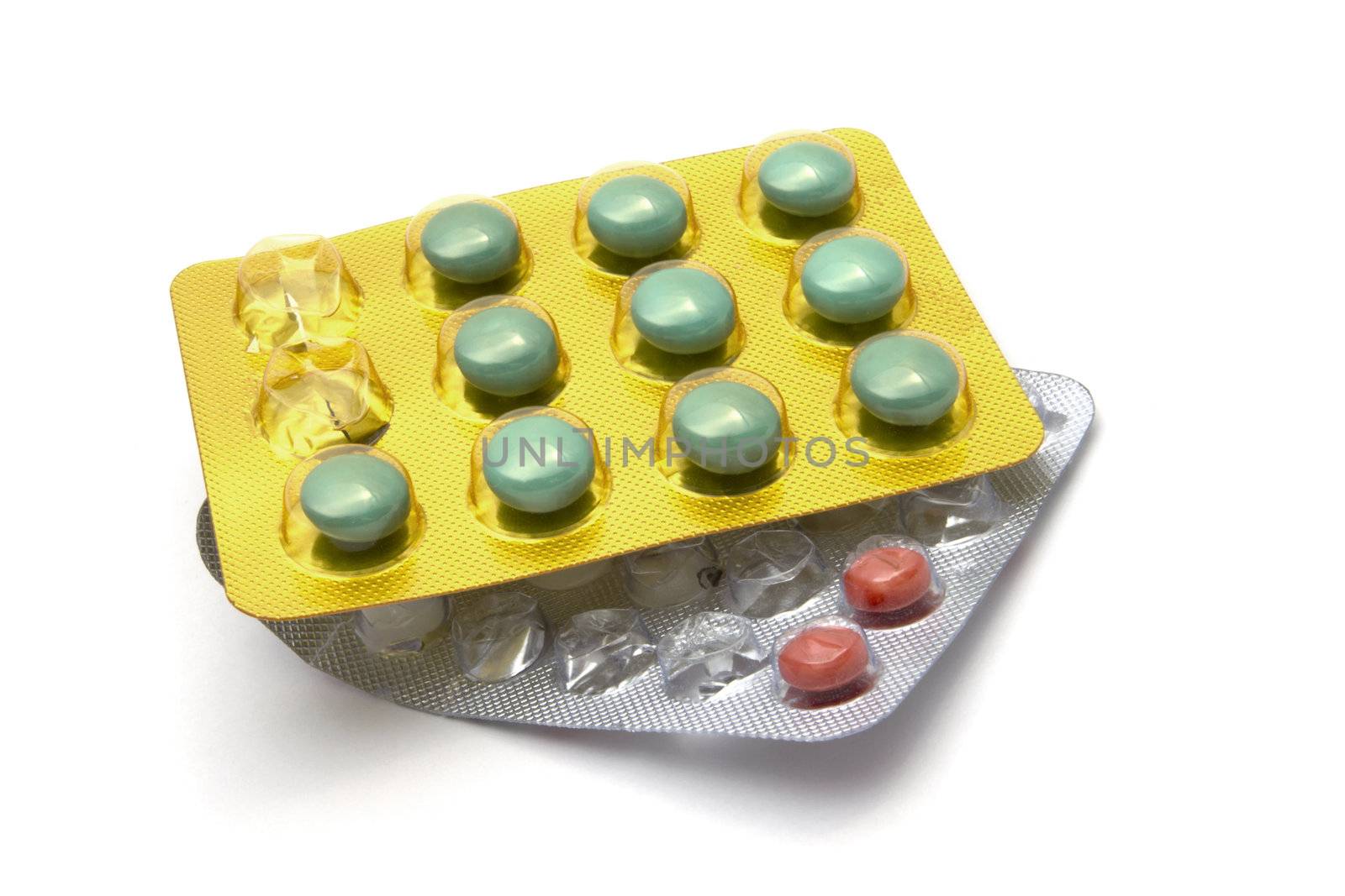 Colorful pills closeup on white background 
