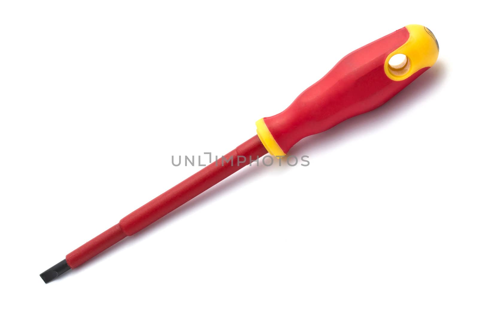 Red screwdriver closeup on white background 

