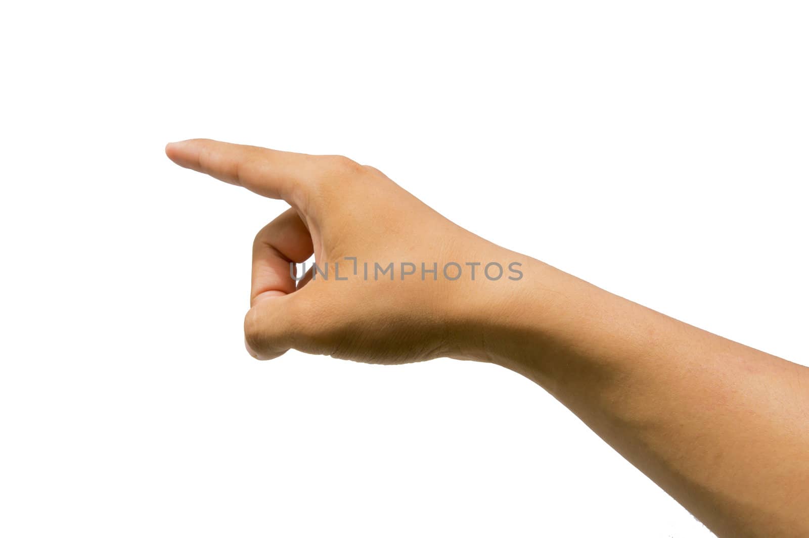 man hand touching virtual screen. Isolated on white.