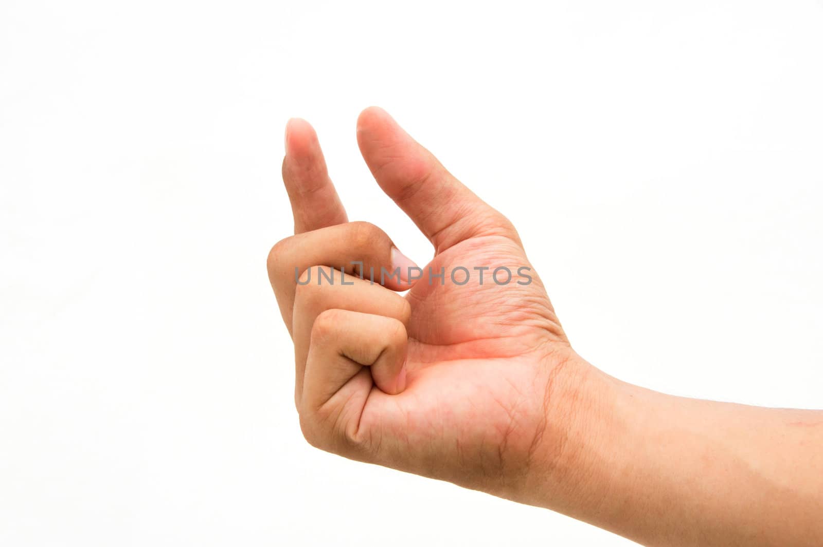 well shaped male hand and arm reaching for something.isolated on white