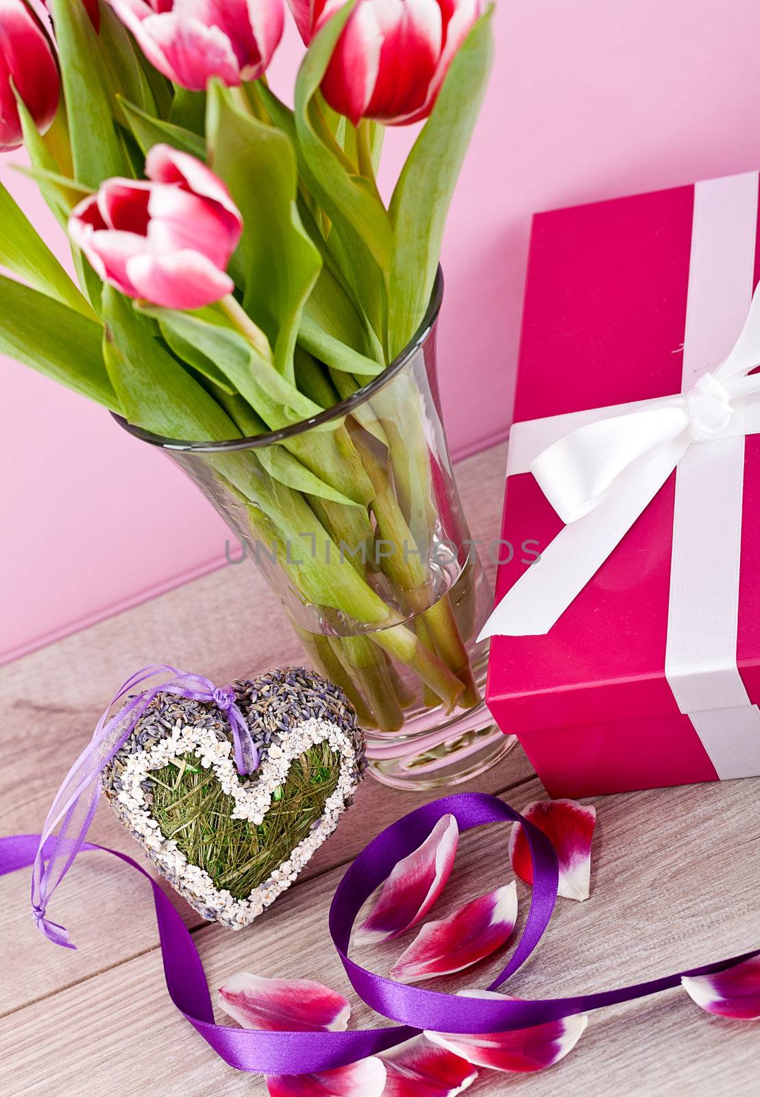 pink and white tulips present ribbon easter birthday symbol festive