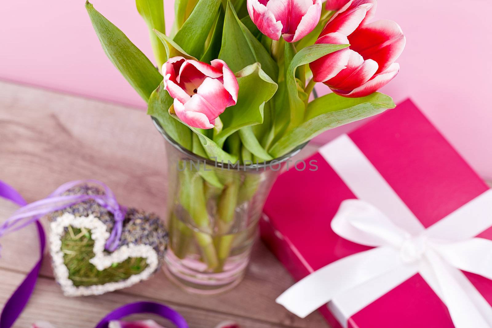 pink and white tulips present ribbon easter birthday symbol festive