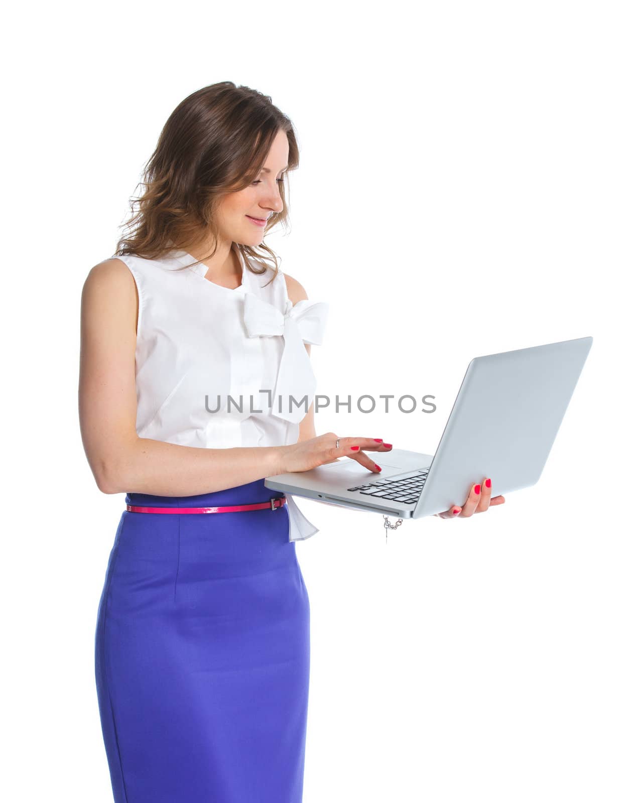 Portrait of a happy young business woman standing with notebook against white background