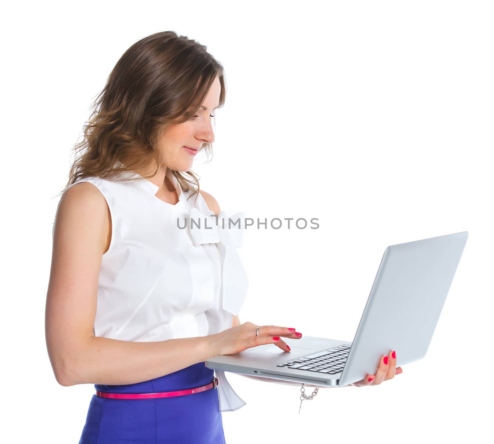 Portrait of a happy young business woman standing with notebook against white background