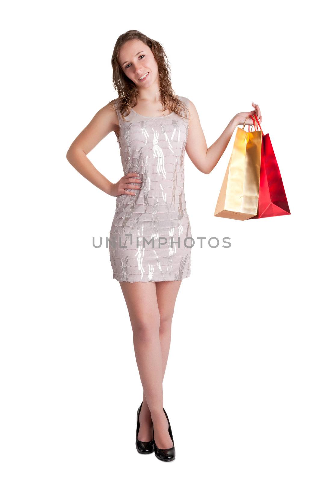 Woman Carrying Shopping Bags isolated in a white background