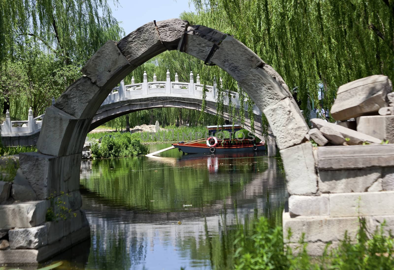 Canqiao Ruined Bridge Yuanming Yuan Old Summer Palace Willows Beijing China  Last existing bridge in the Old Summer Palace, which was destroyed in 1860 Second Opium War