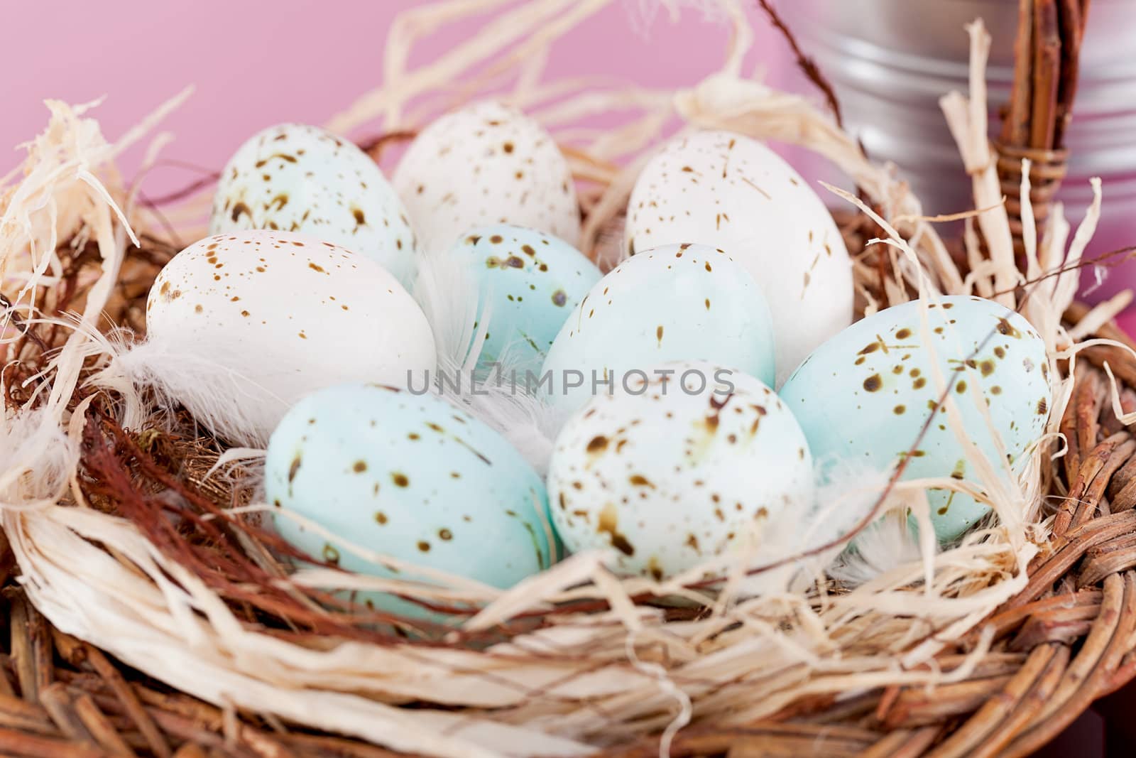 pink present with ribbon and colorful tulips festive easter decoration