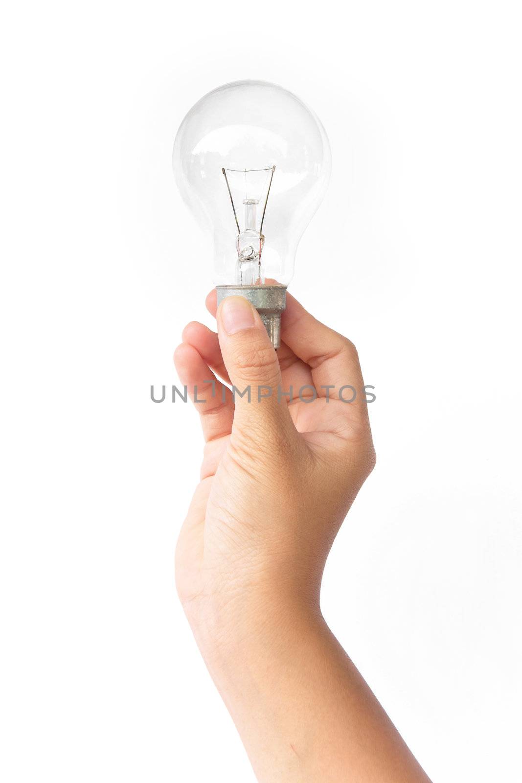 light blub in hand ,isolated on white background