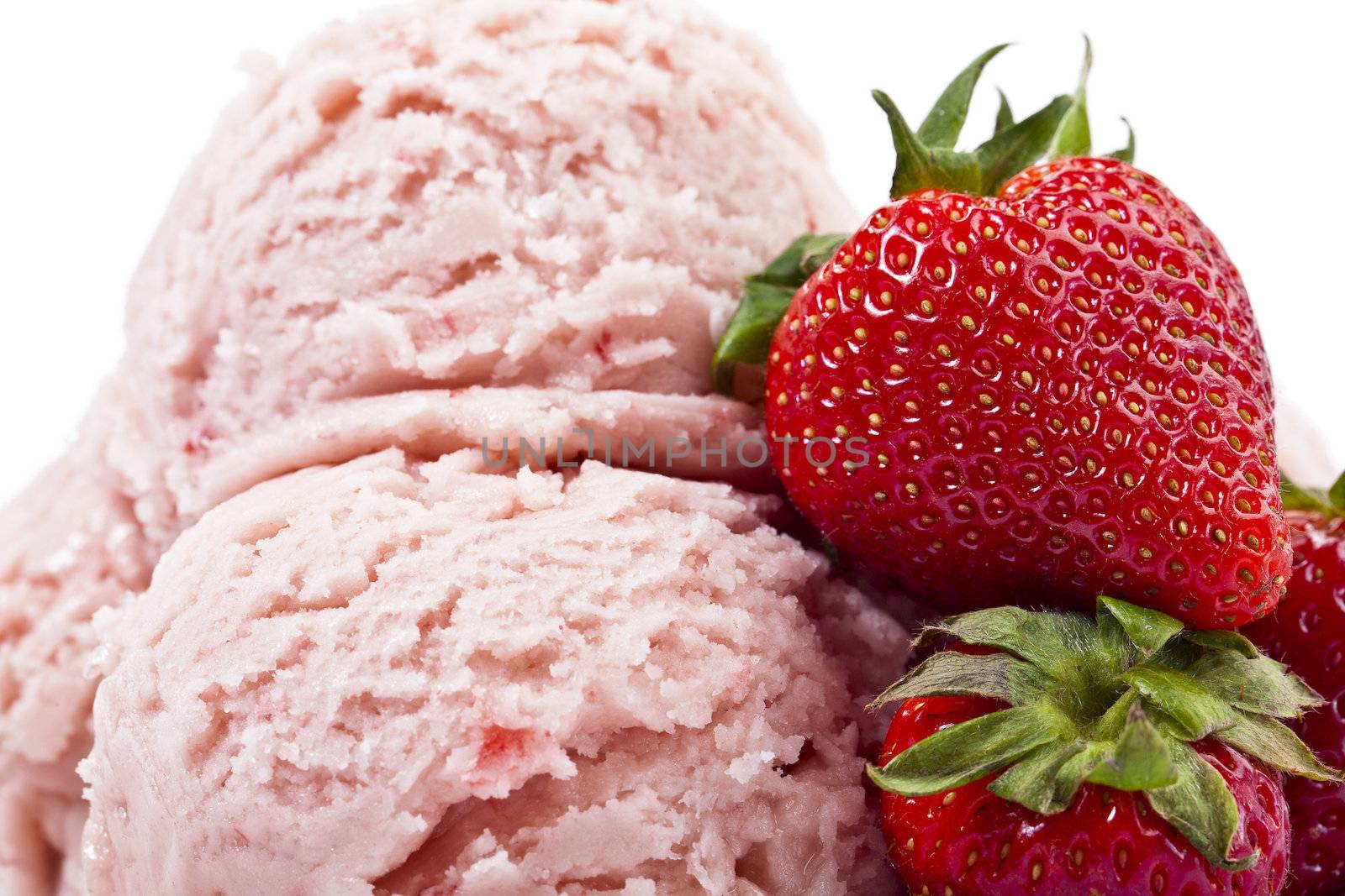 Closed up strawberry ice cream with strawberry toppings isolated in a white background