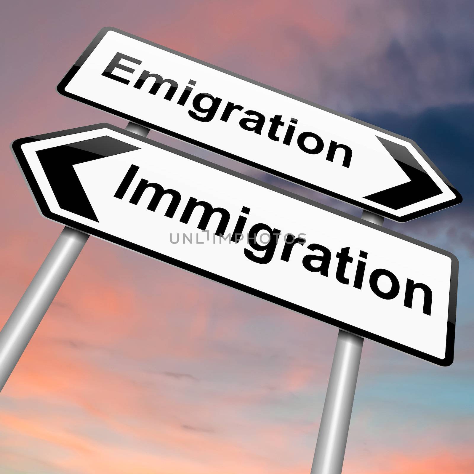 Illustration depicting a roadsign with an emigration or immigration concept. Dusk sky background.