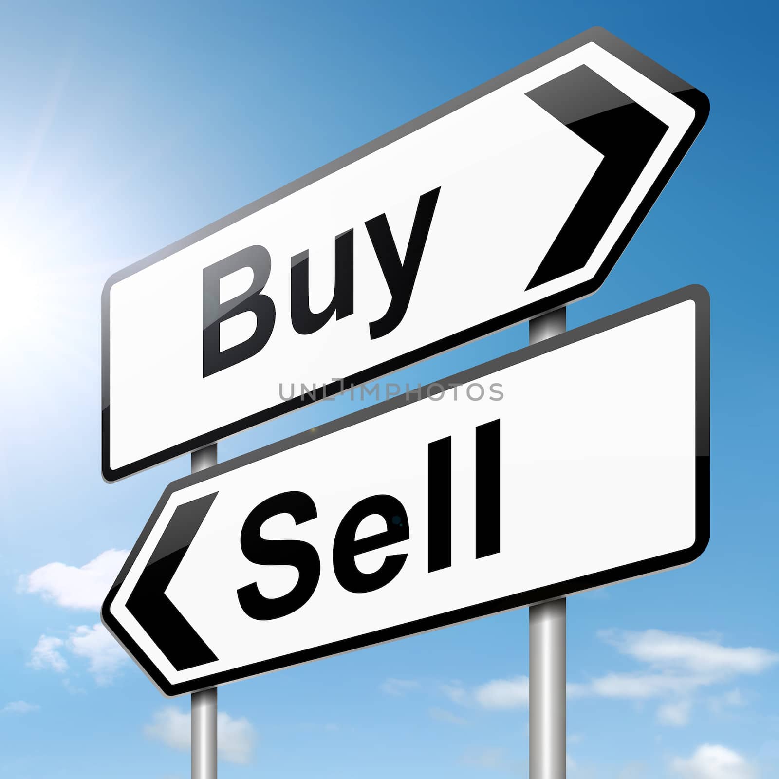 Illustration depicting a roadsign with a buy or sell concept. Sky background.