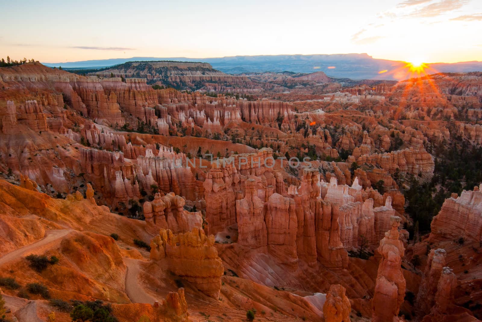 Photograph of the Bryce Amphitheater from overlook taken at sunrise showing geologic formations and Hoodoos.