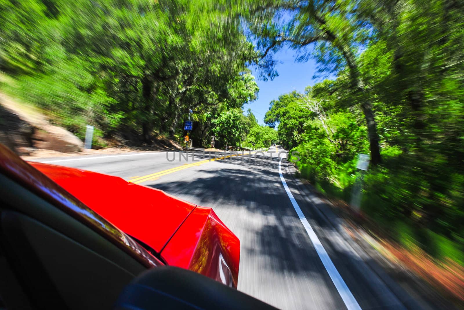 Photograph of a red sports car flying down a back country road with trees and road blurred.