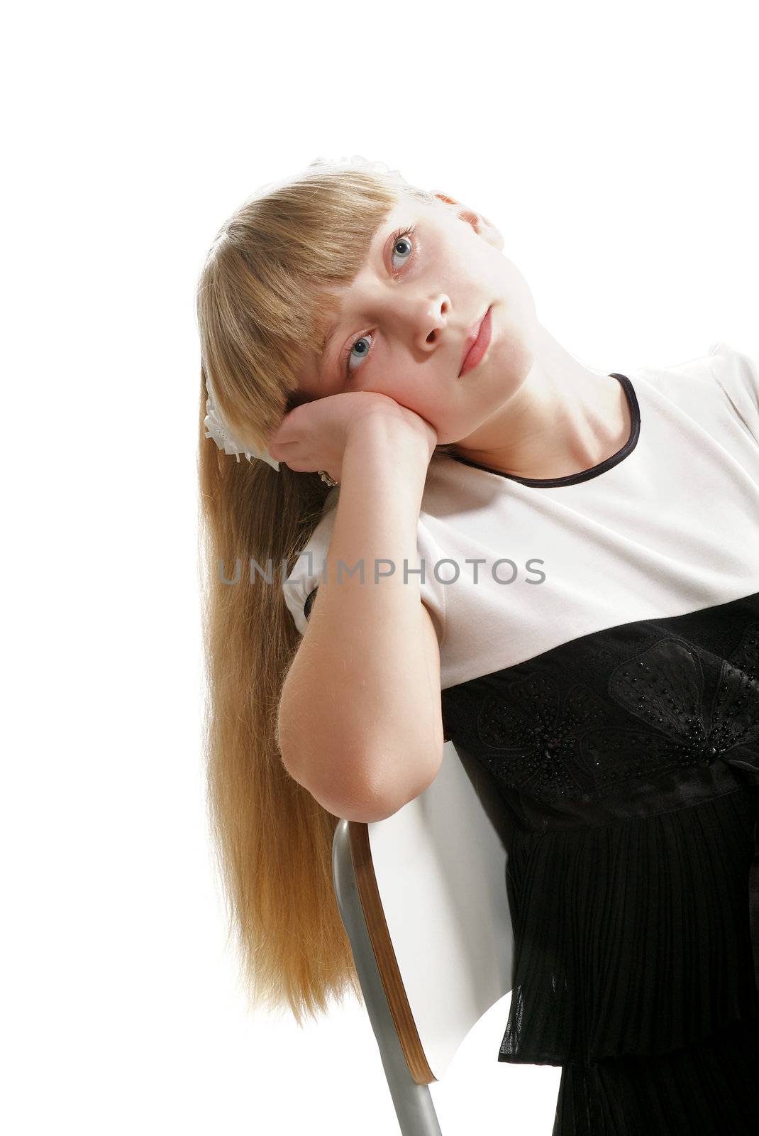 Beautiful Girl with Long Blond Hair Dreams closeup on white background