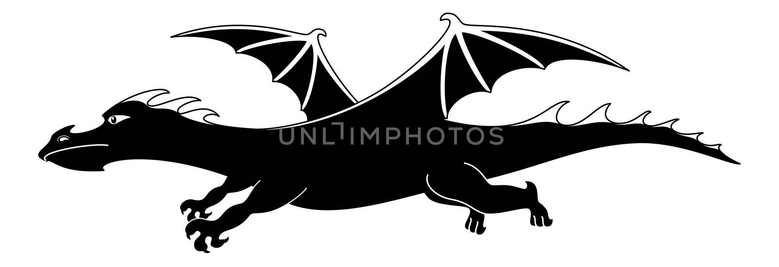 Fantastic cartoon dragon, black silhouette on white background.