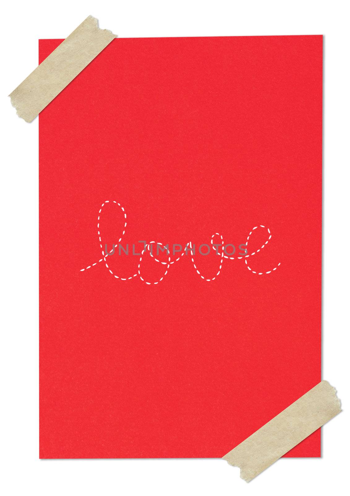 Handwriting love word on red paper with tape