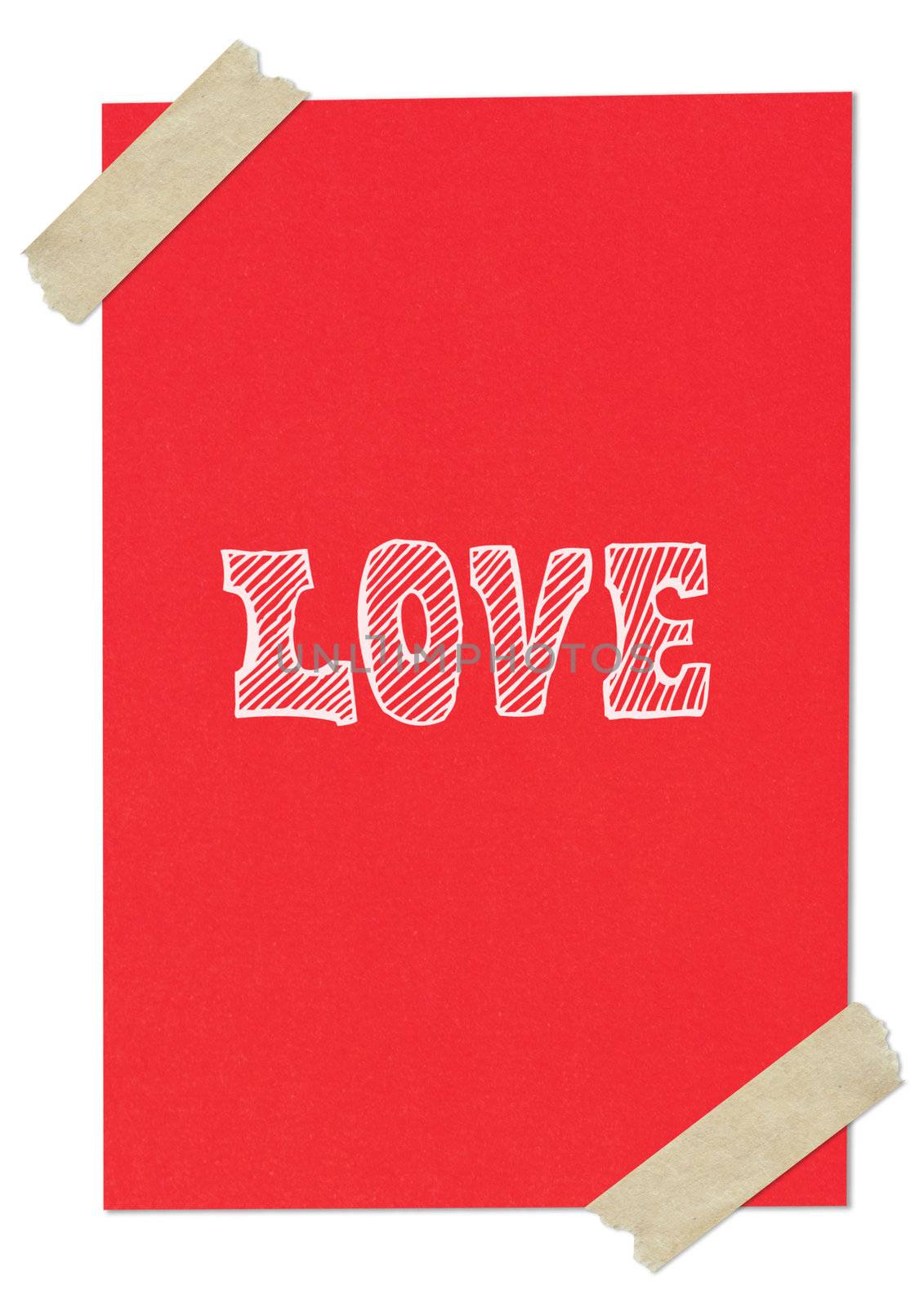 Handwriting love word on red paper with tape