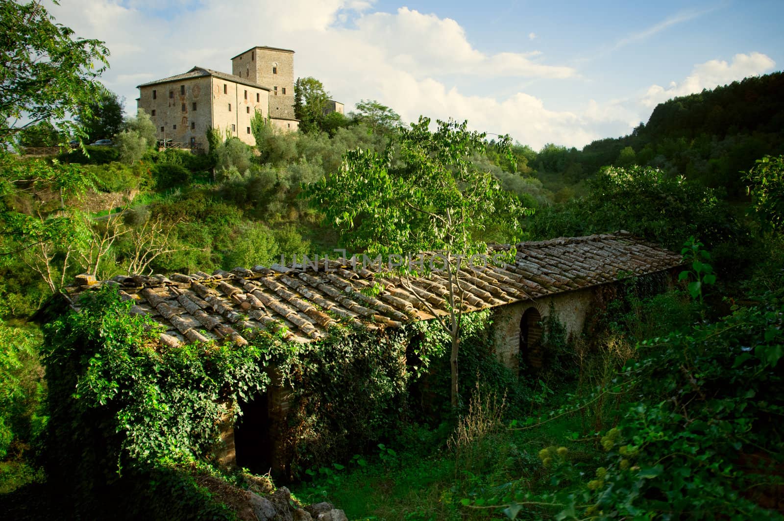 Small village with ancient bricked house and tower