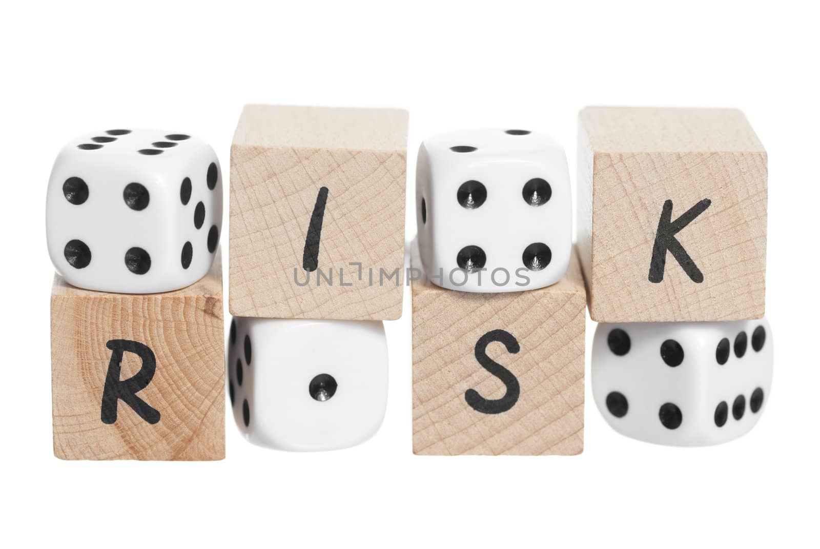 Risk spelt with wooden blocks. White background.