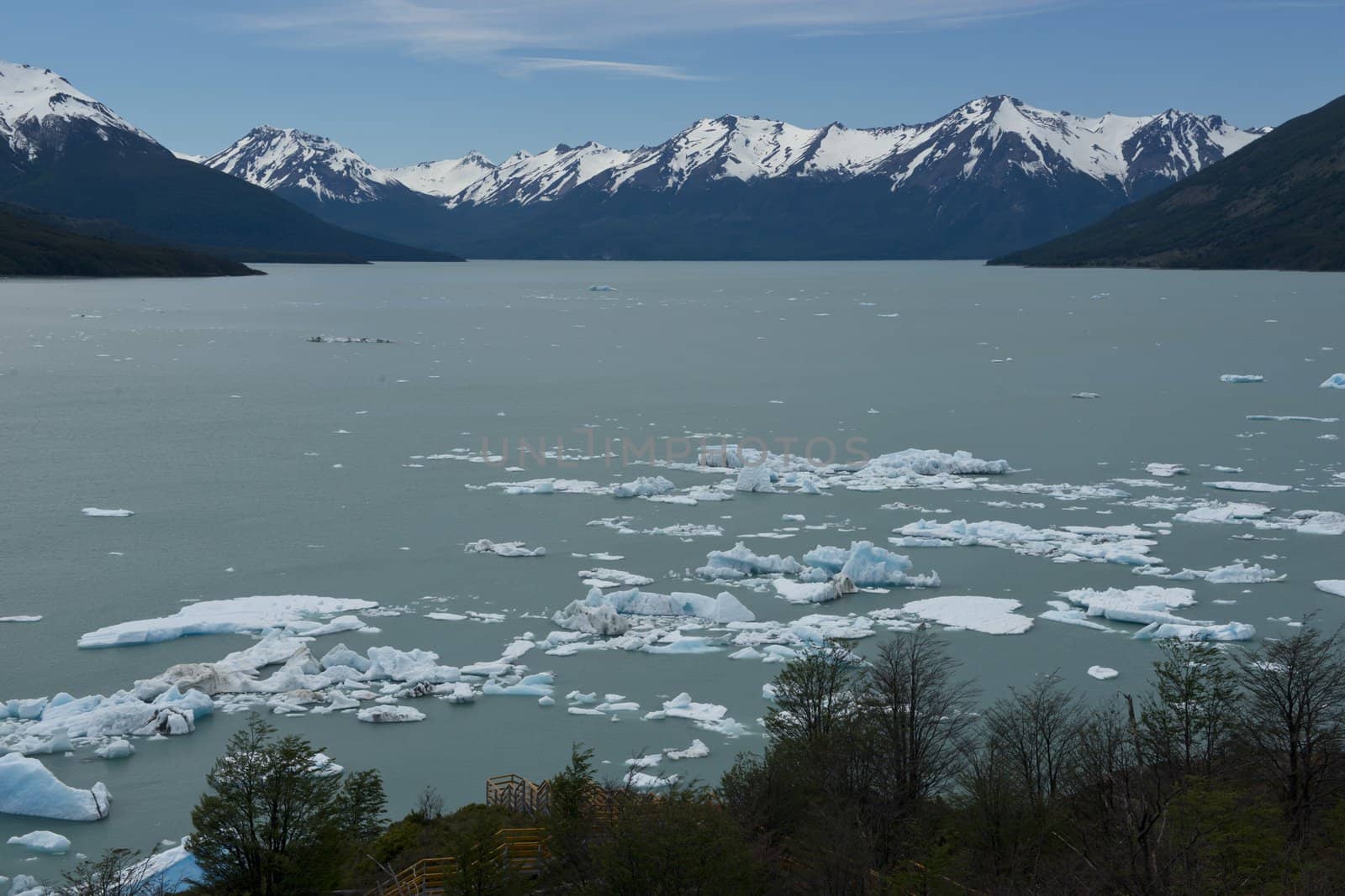 Spectacular blue icebergs floating on the Lake Argentino in the Los Glaciares National Park, Patagonia, Argentina.