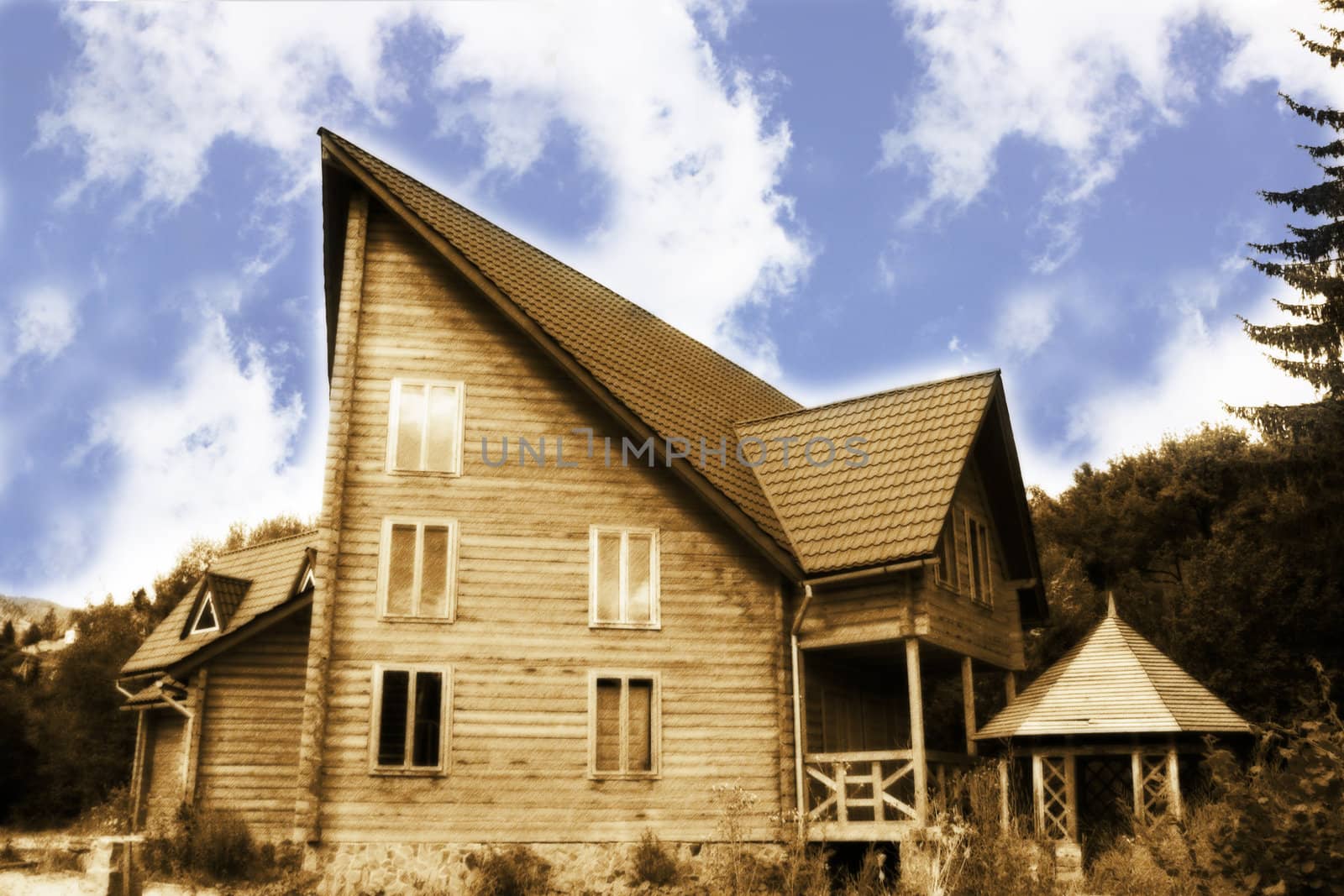 Original shot of wooden old cottage house.