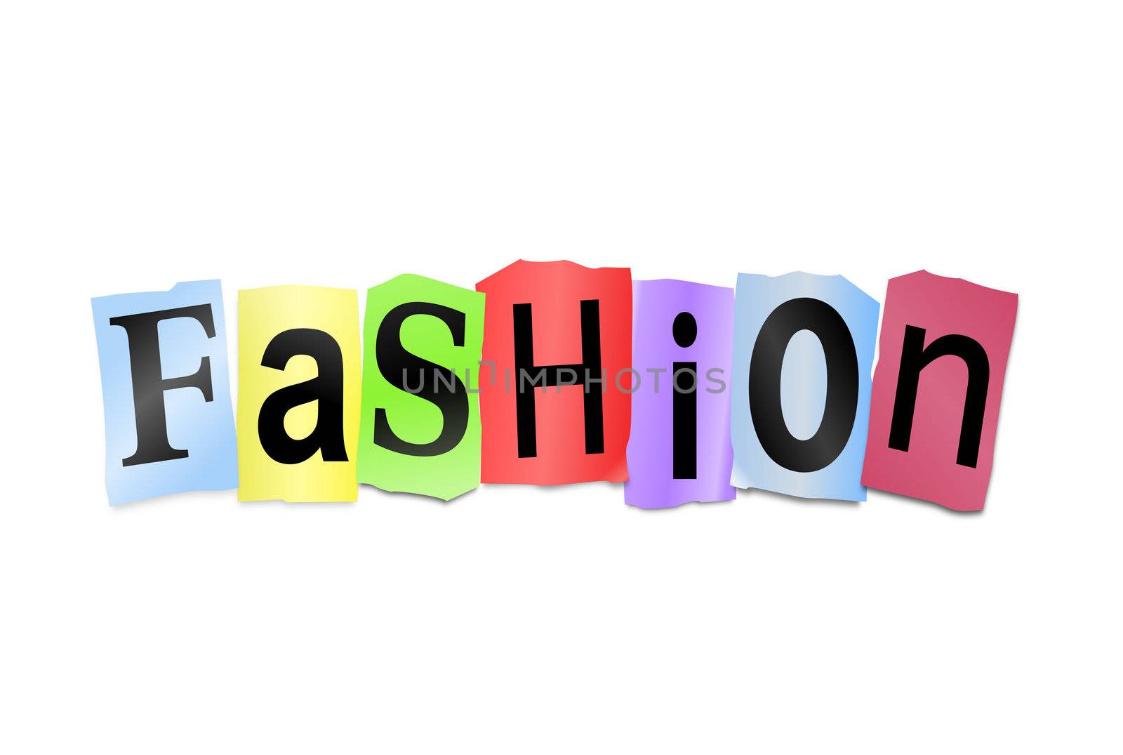 Illustration depicting cutout printed letters arranged to form the word fashion.