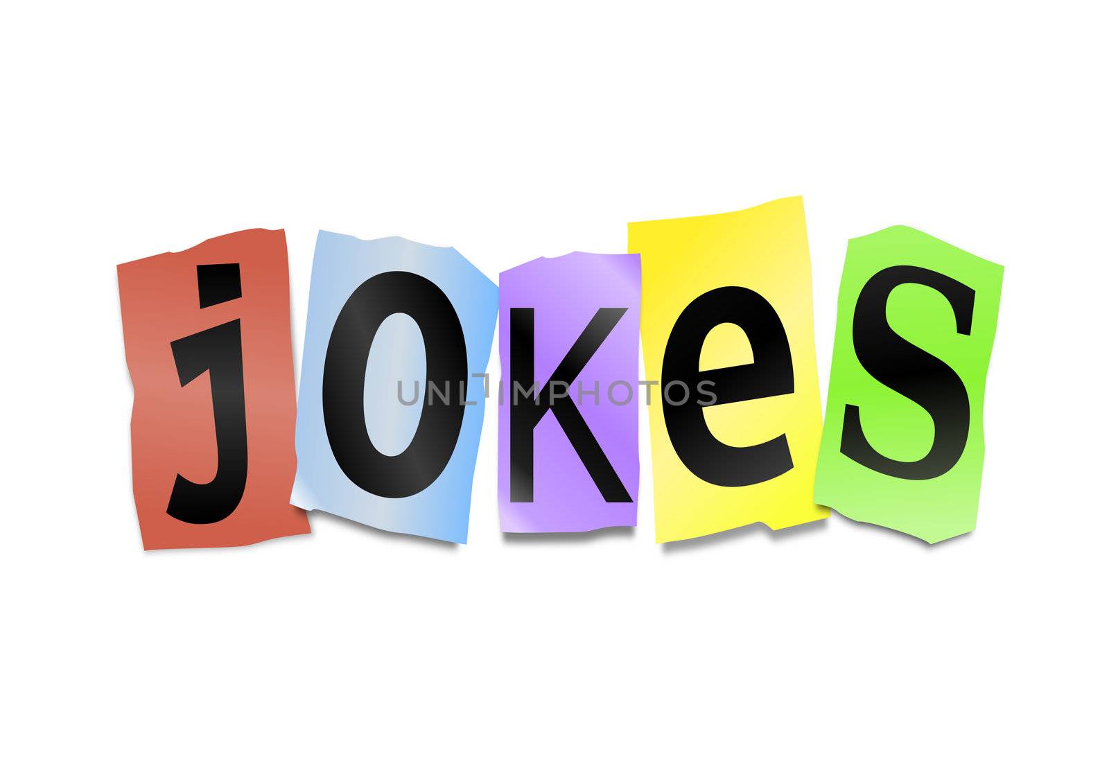 Illustration depicting cutout printed letters arranged to form the word jokes.