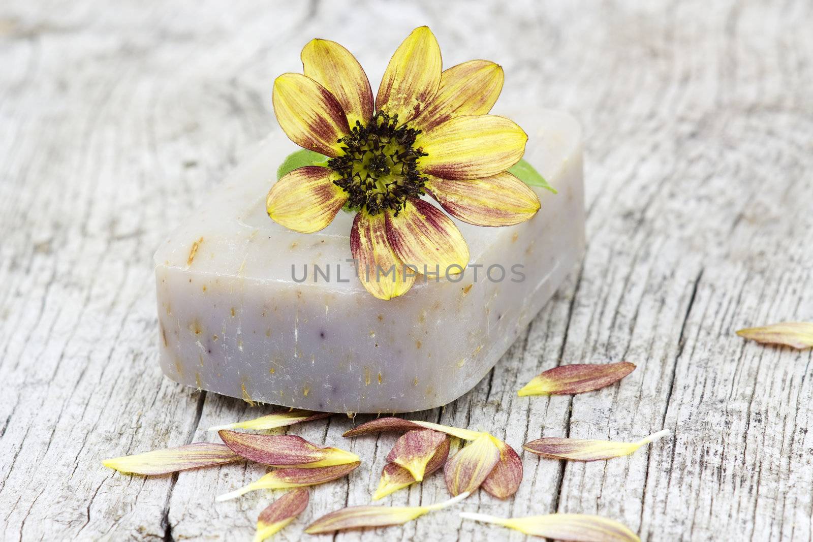 bar of natural soap and flower