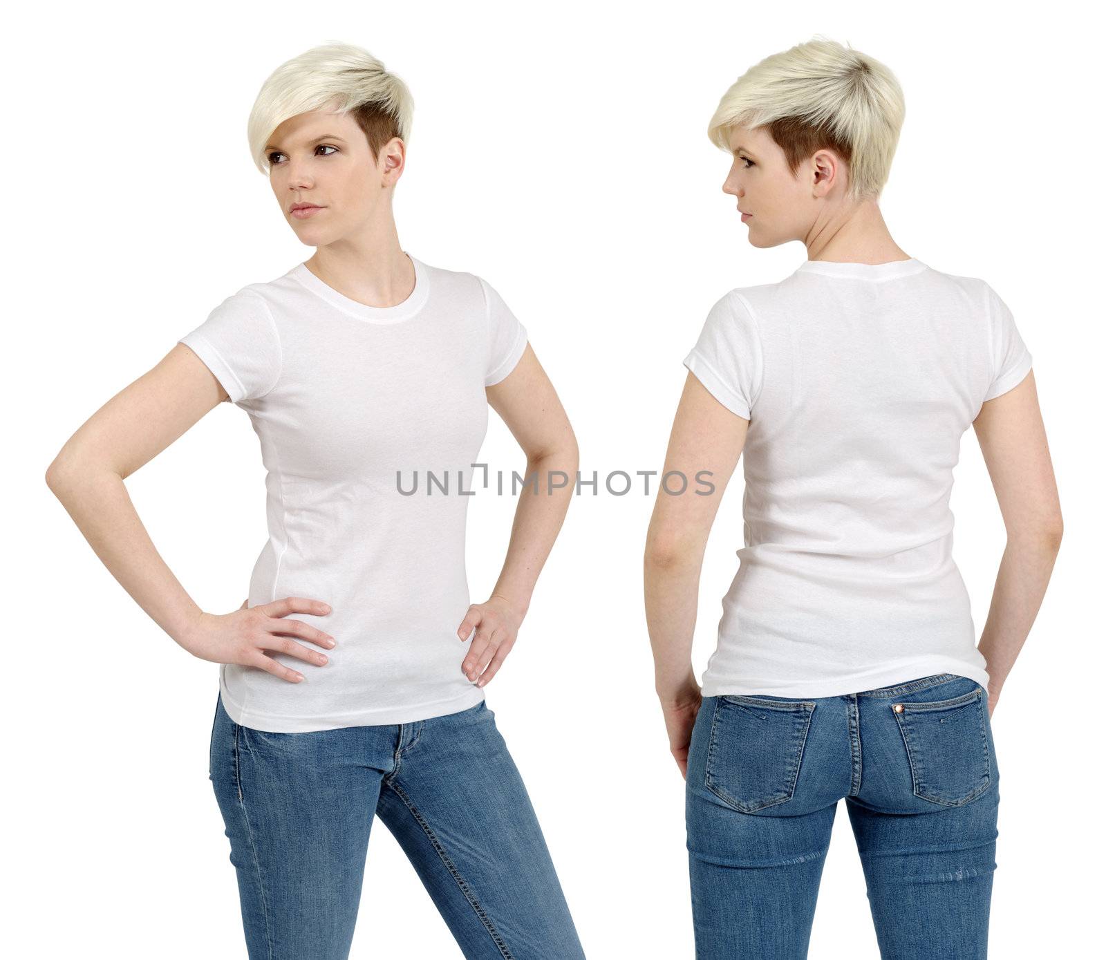 Young beautiful blond female with blank white shirt, front and back. Ready for your design or artwork.