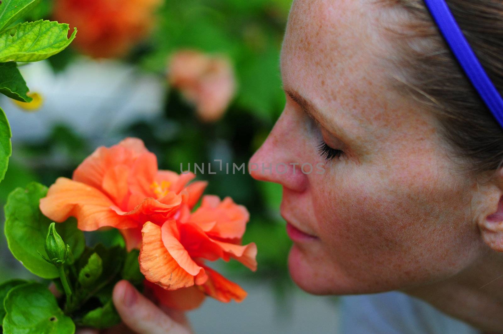 Pretty woman smelling flowers bright orange hibiscus flowers on tree