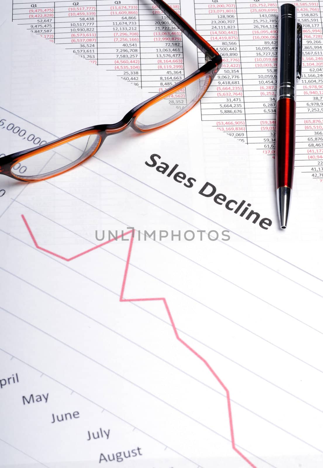 Business analysis showing line graph with sales decline results