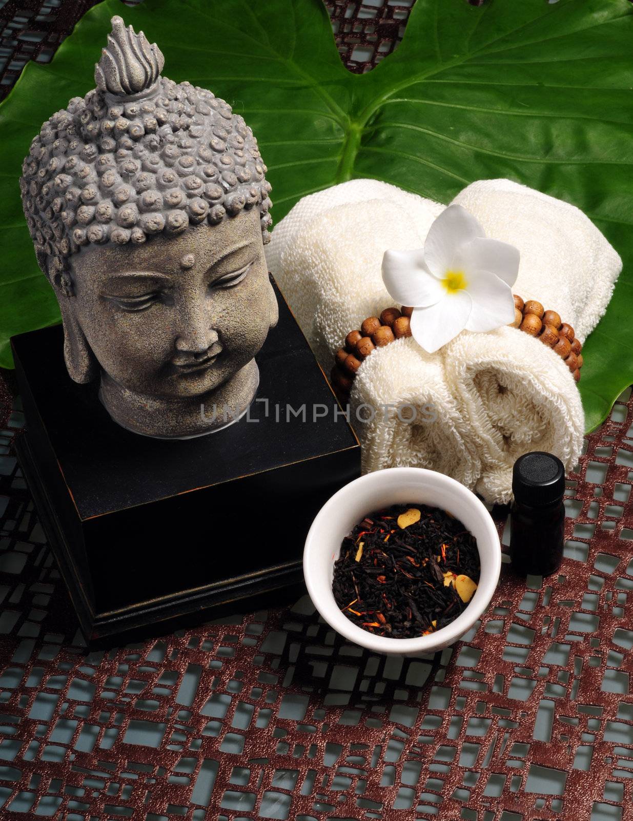 An arrangement of items used at a day spa for aromatherapy in an Asian spa