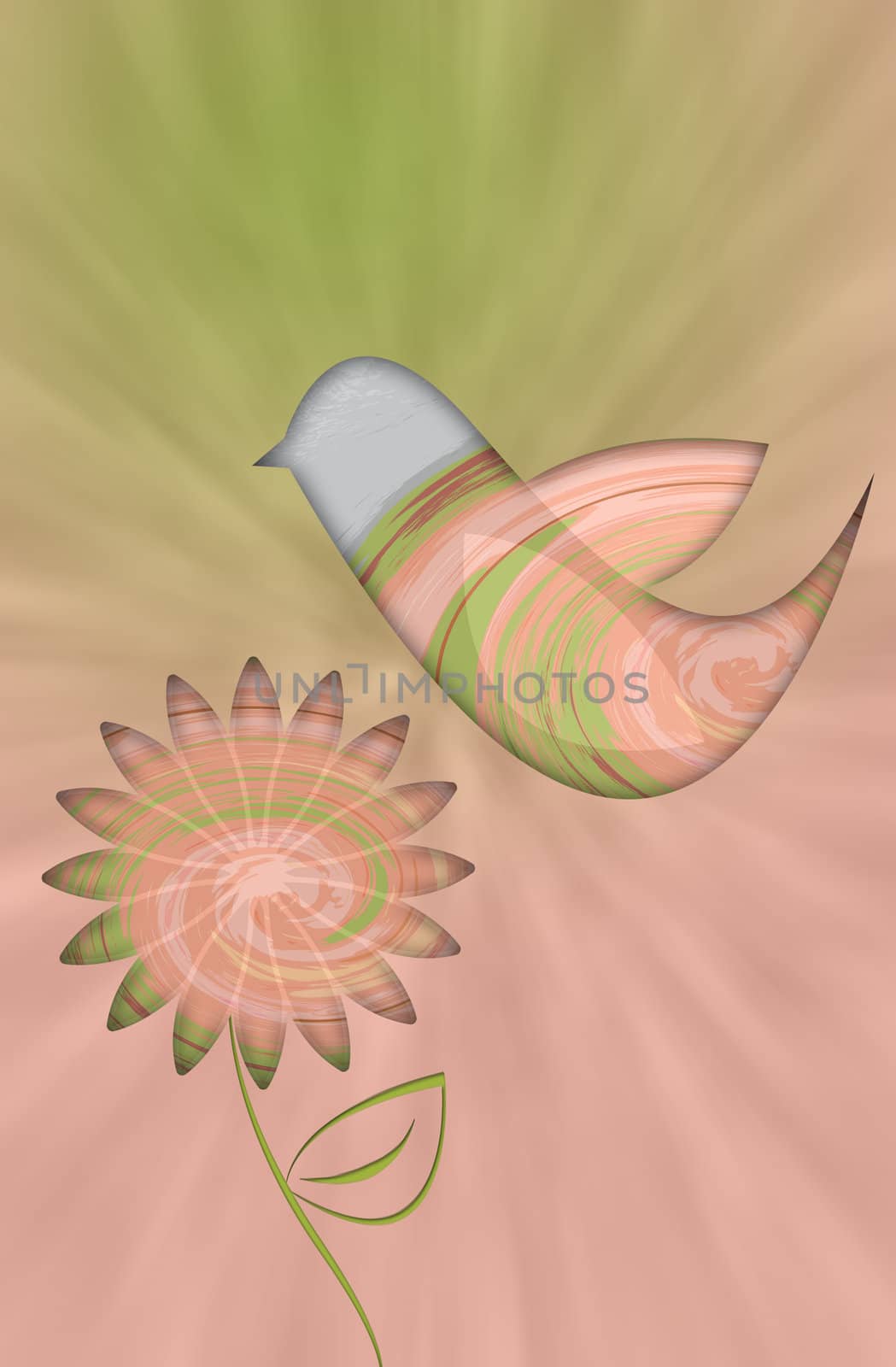 Pink and green retro background with bird and flower abstract illustration with run ray background