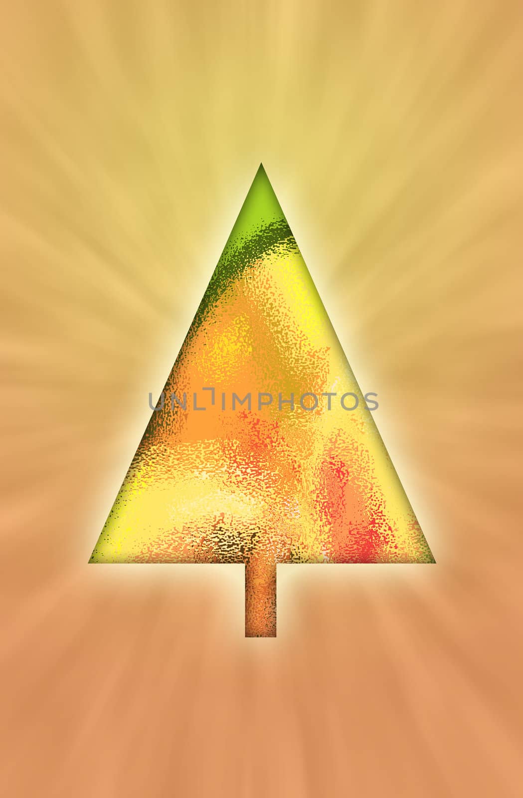 Retro bright colored Christmas tree background with sun rays