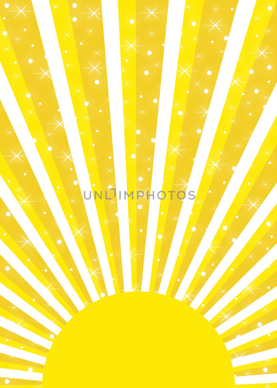 Bright yellow sun with sunrays and multiple glowing stars