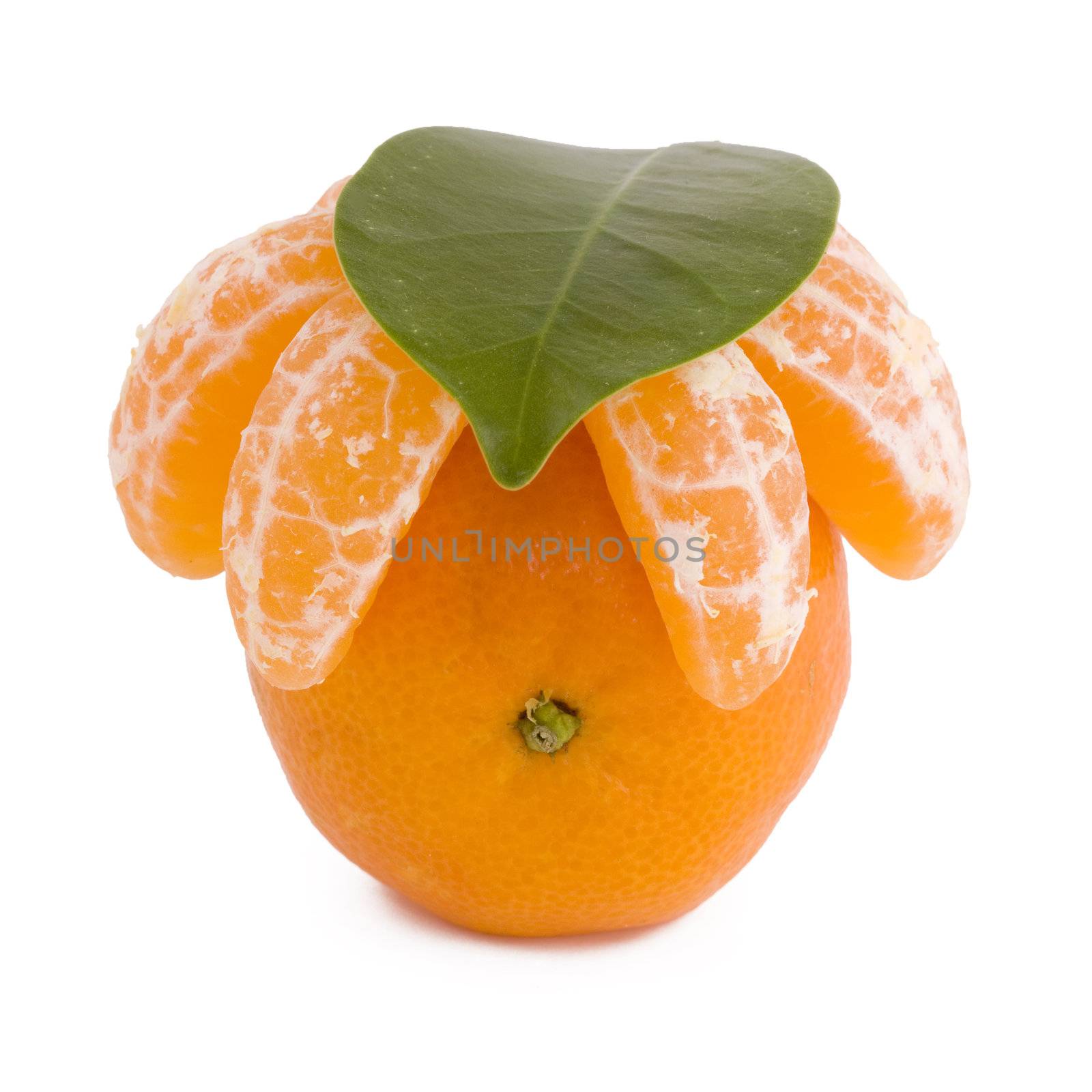 Fresh juicy tangerine with leaf on top, isolated on white background