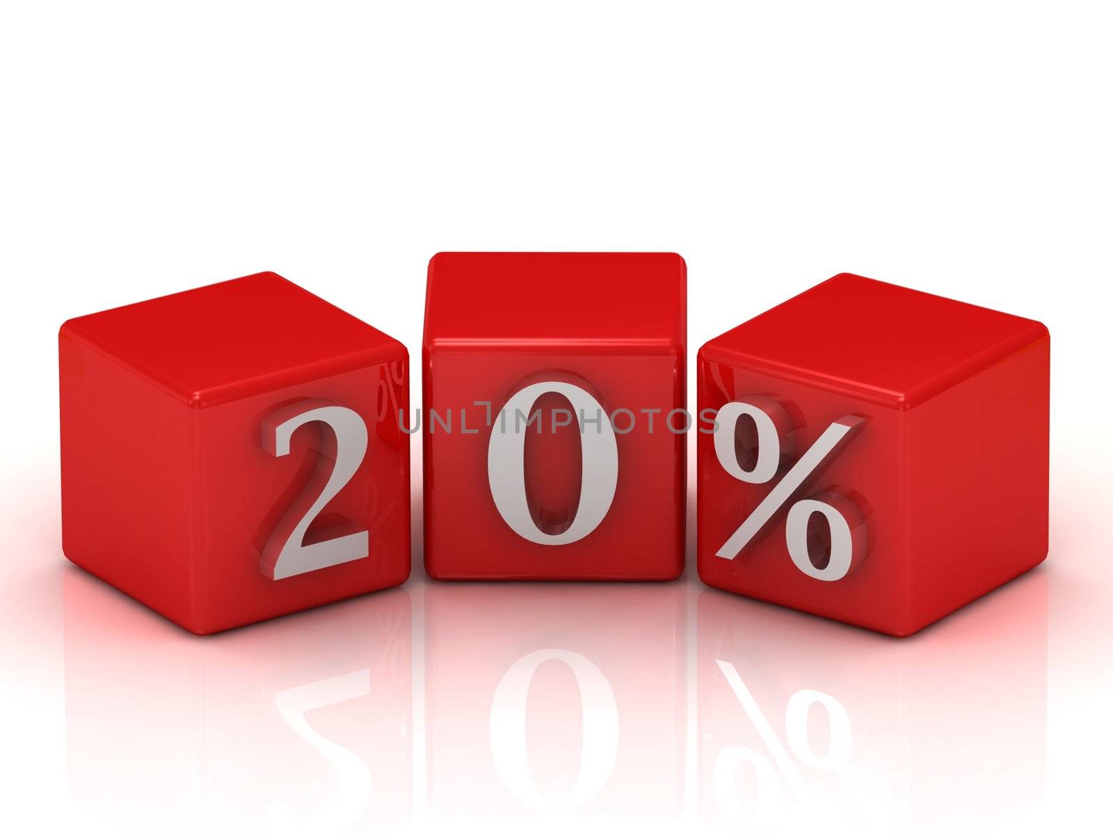 3D rendering of a 20 percent on red cubes on a white background
