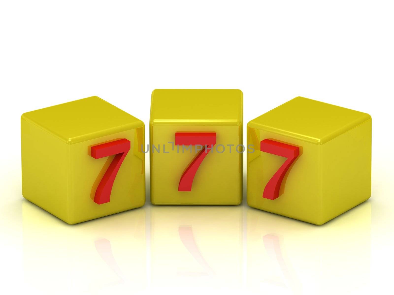 Lucky number seven on the yellow cubes isolated on white background