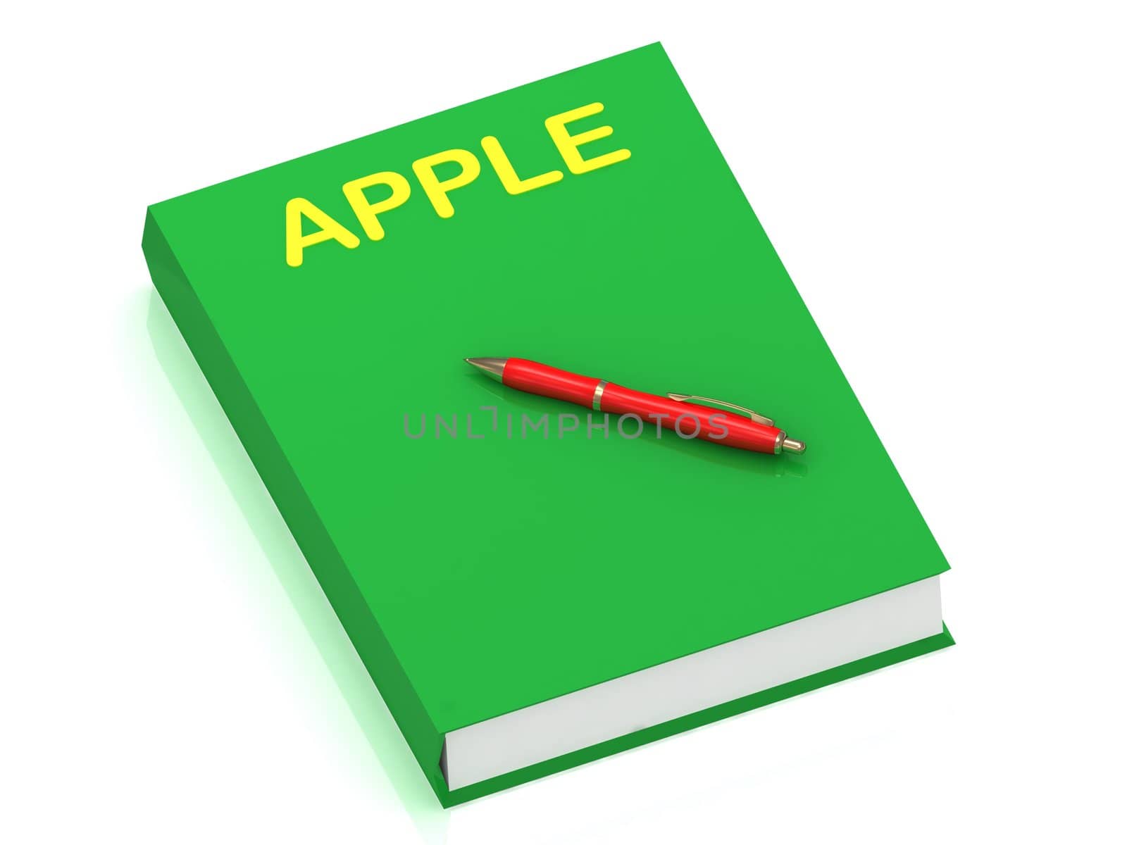 APPLE inscription on cover book and red pen on the book. 3D illustration isolated on white background