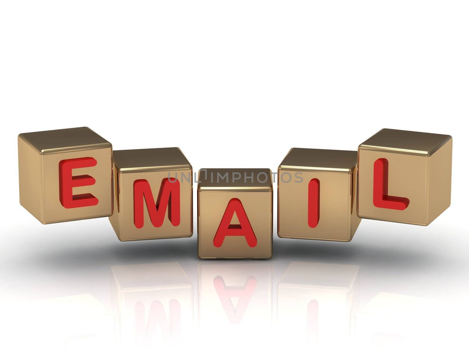 Red email sign on the gold cubes on white background