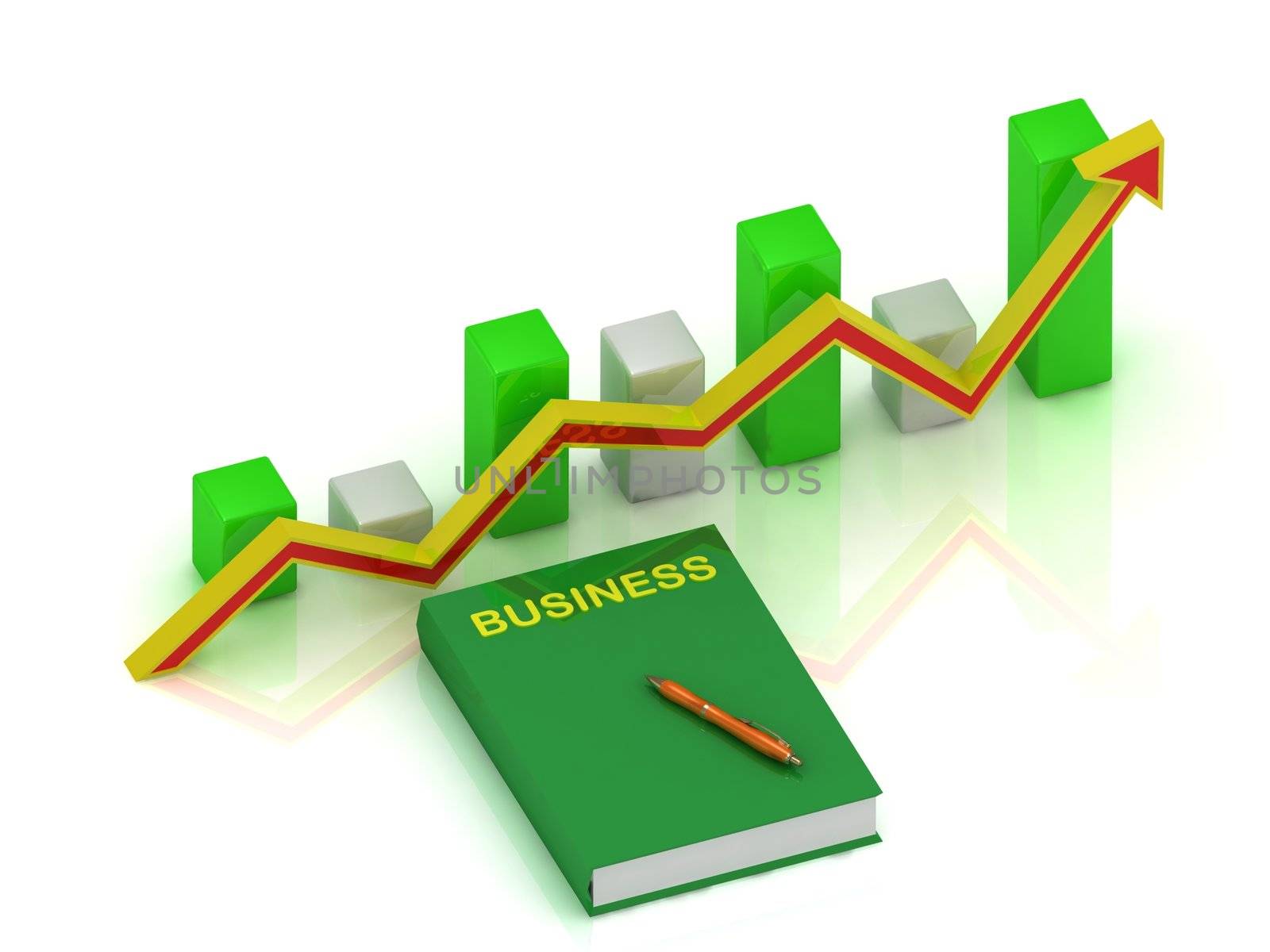 Graph changes with an yellow-red arrow and book business, pen