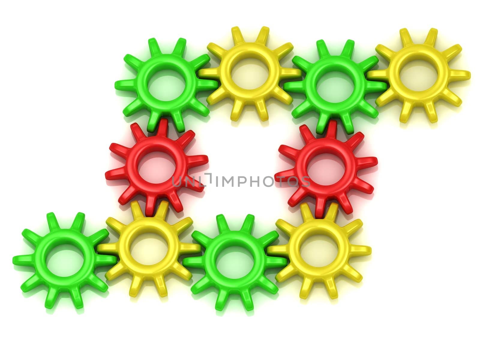 Set of colored gears on a white background. Work concept