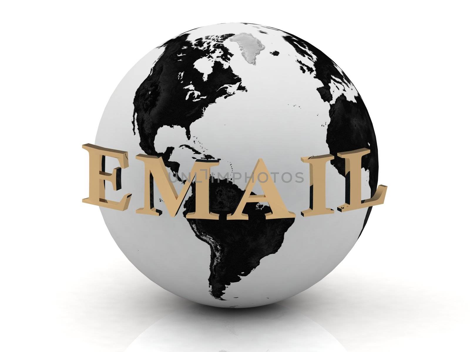 EMAIL abstraction inscription around earth of gold letters on a white background