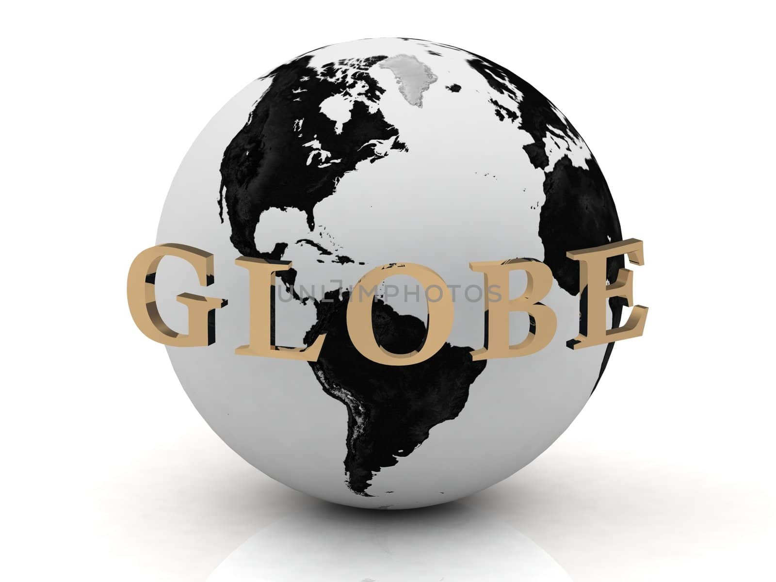GLOBE abstraction inscription around earth of gold letters on a white background