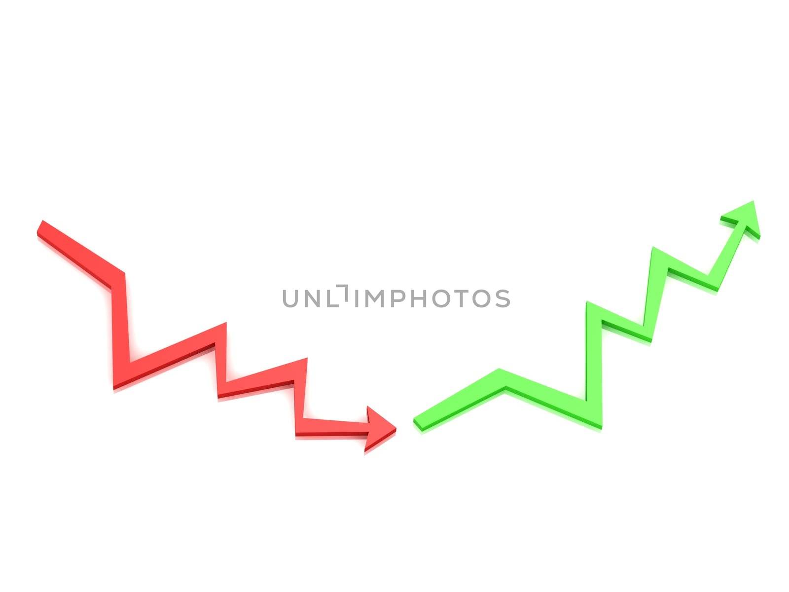 Red down arrow and green arrow upwards on white background
