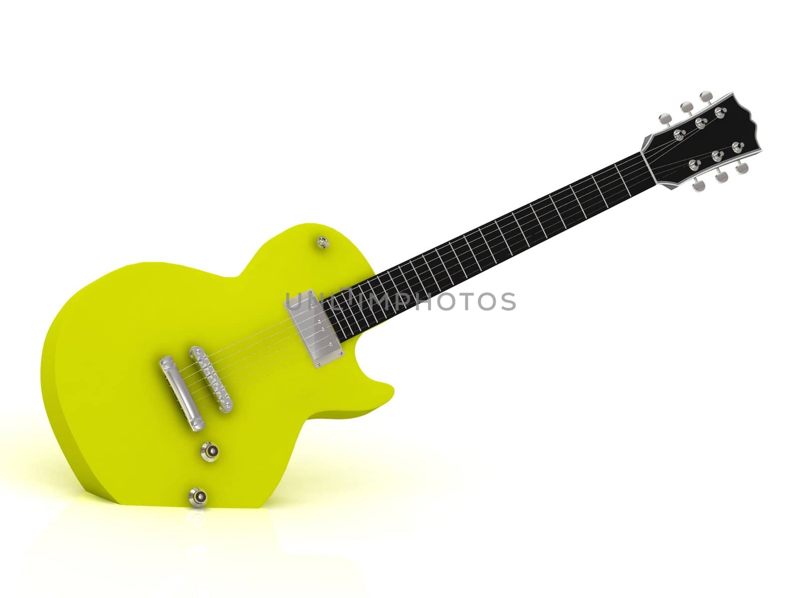 Yellow electric guitar with a dark neck on a white isolated background