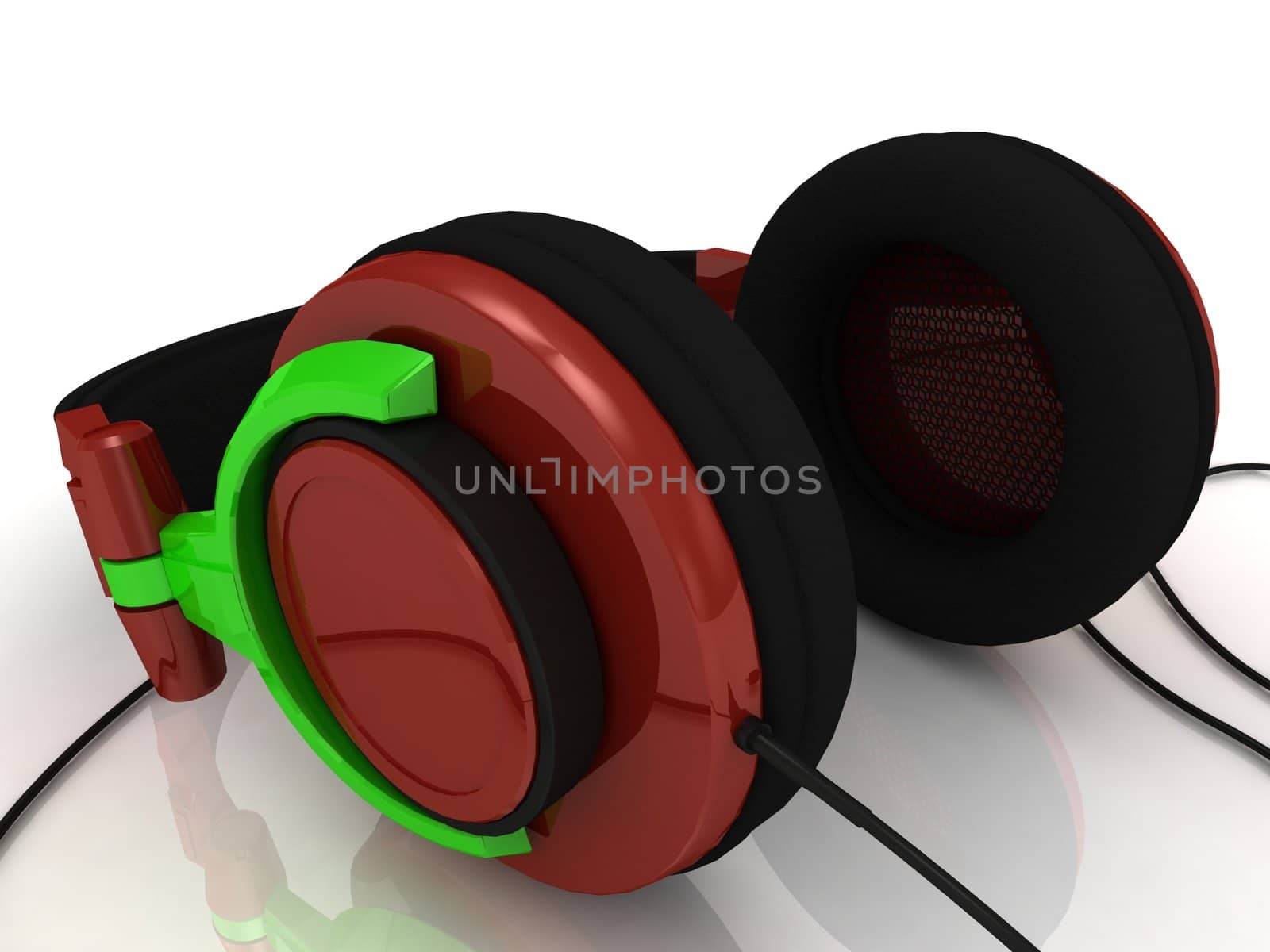 Concept modern headphones with green holders on white background