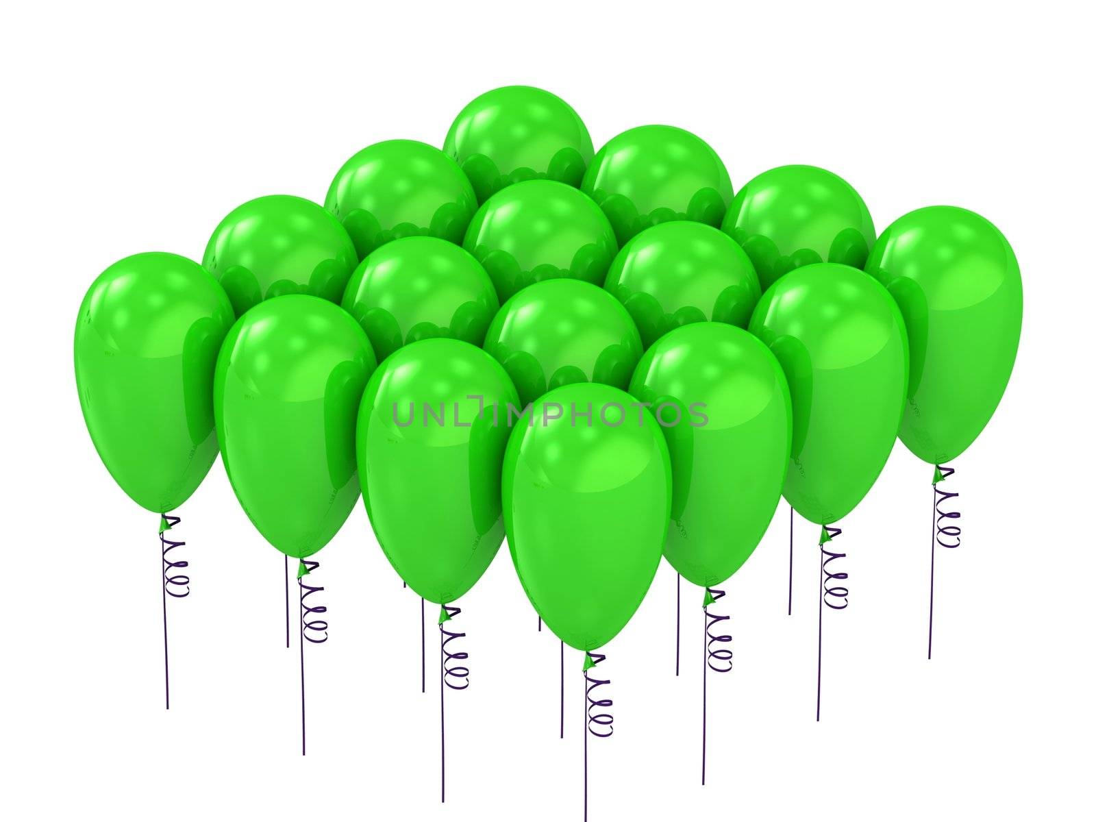Balloons of colorful green rising up. Decoration for July 4th, birthday or anniversary celebration