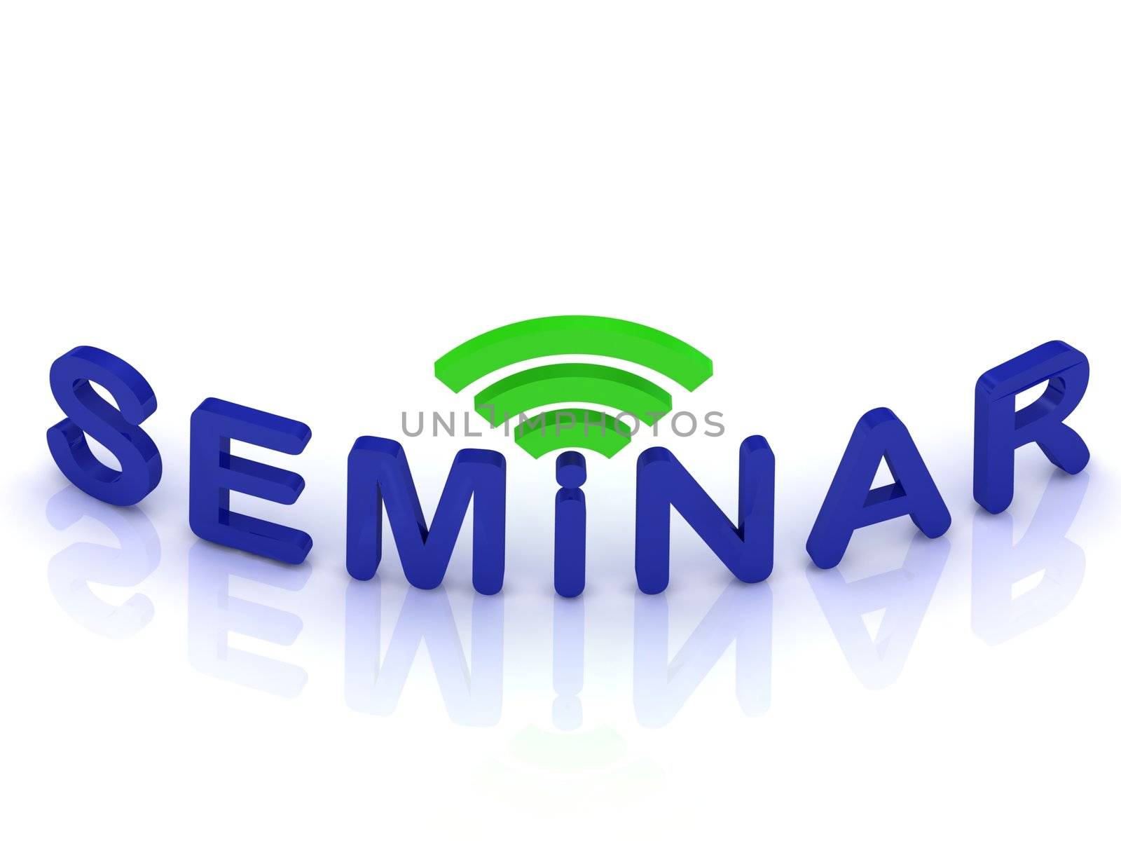 SEMINAR sign with the green antenna with letters on isolated white background