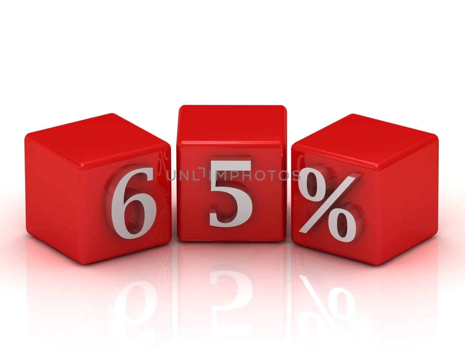 red 3D blocks with white 65 percent on a white background